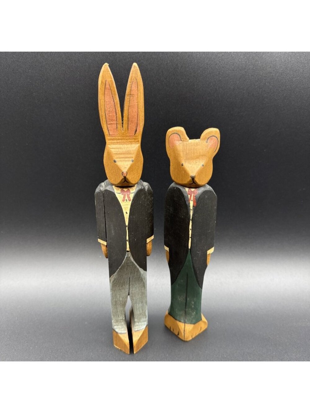 VTG 90’s Wood Carved Handpaint Rabbit Bear Dapper Tux Shelf Sitter Figurine Boy